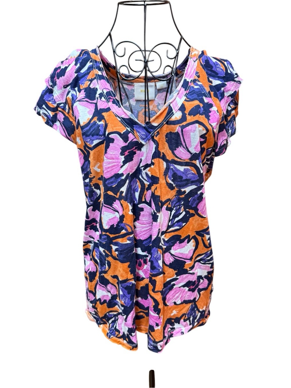 Anthropologie Maeve Floral V-Neck Short Sleeve Top - Orange, Purple, Pink